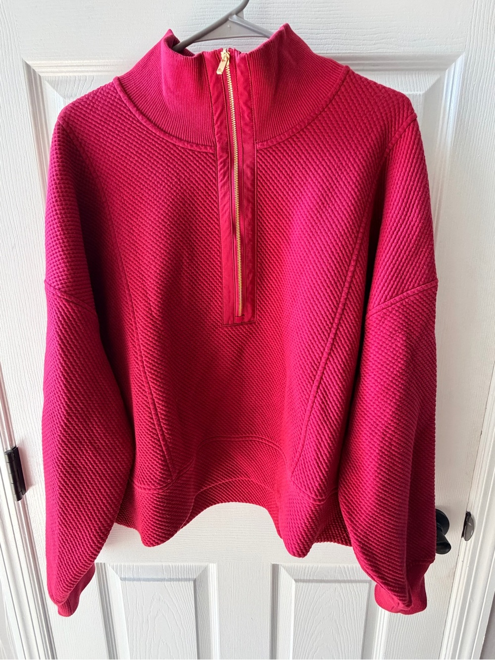 Calia Large Women's Textured Half-Zip Pullover Sweater - Merlot with gold zipper